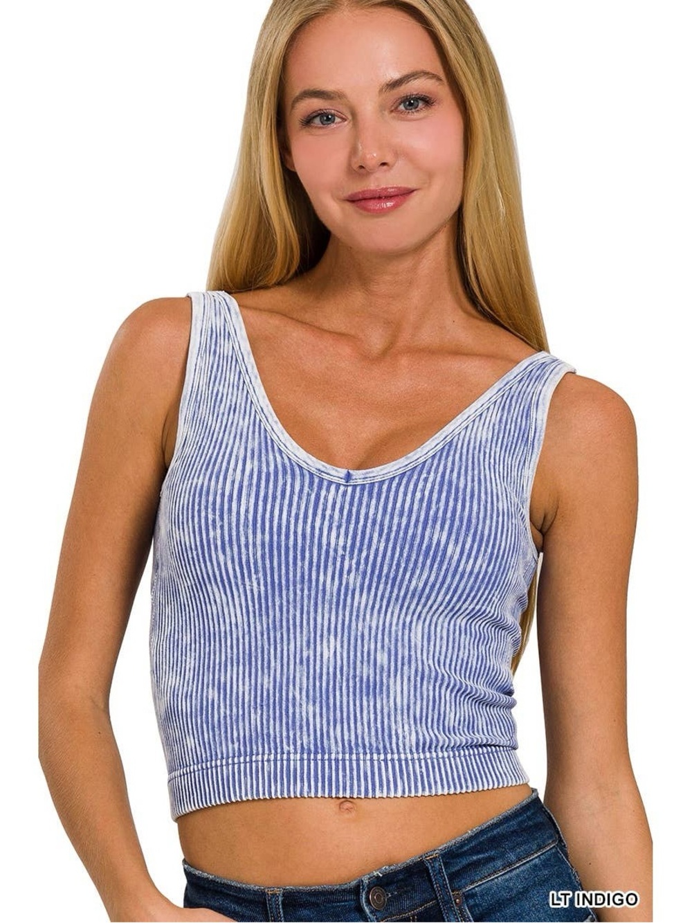 WASHED RIBBED CROPPED BRA PADDED V-NECK TANK TOP ZENANA